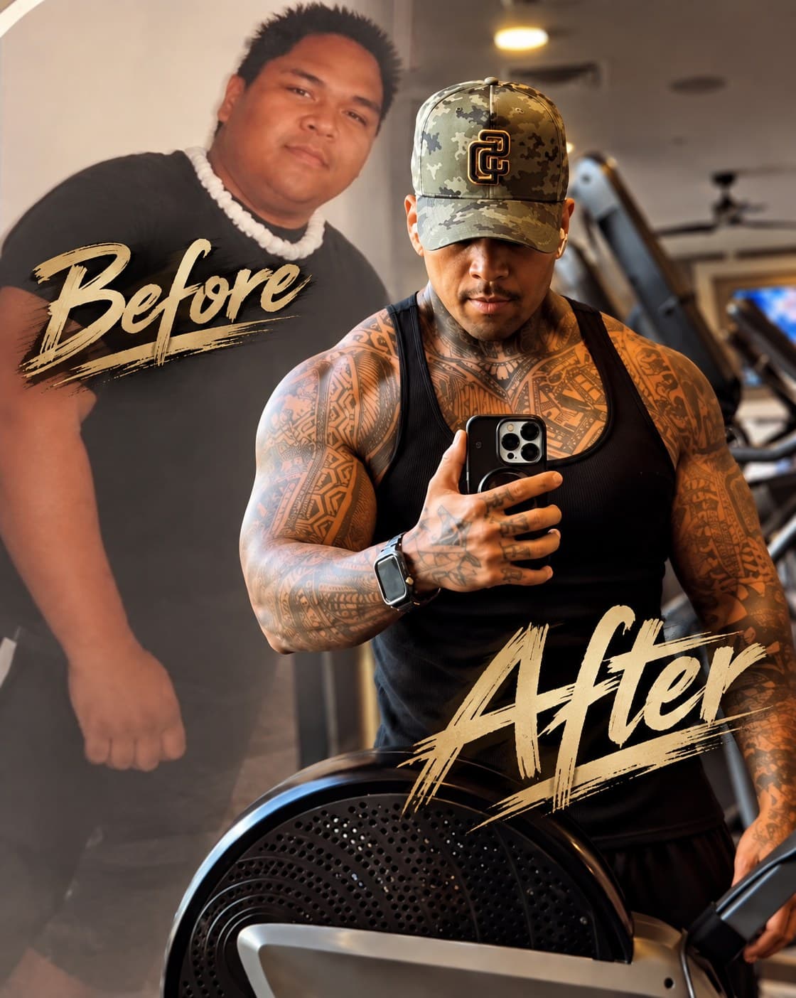 Coach Kimo, before and after his own 120+ lb transformation